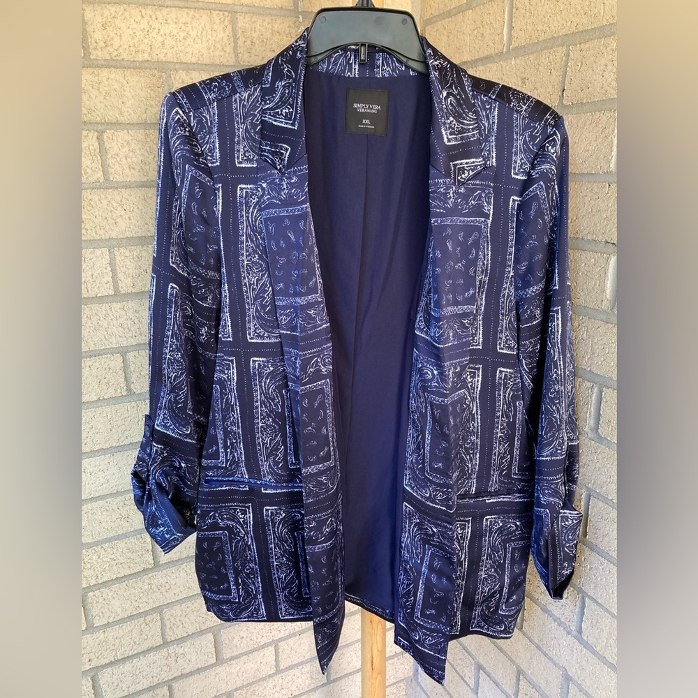 Silky Satin Blue White Paisley Scarf Bandana Handkerchief Pattern Blazer